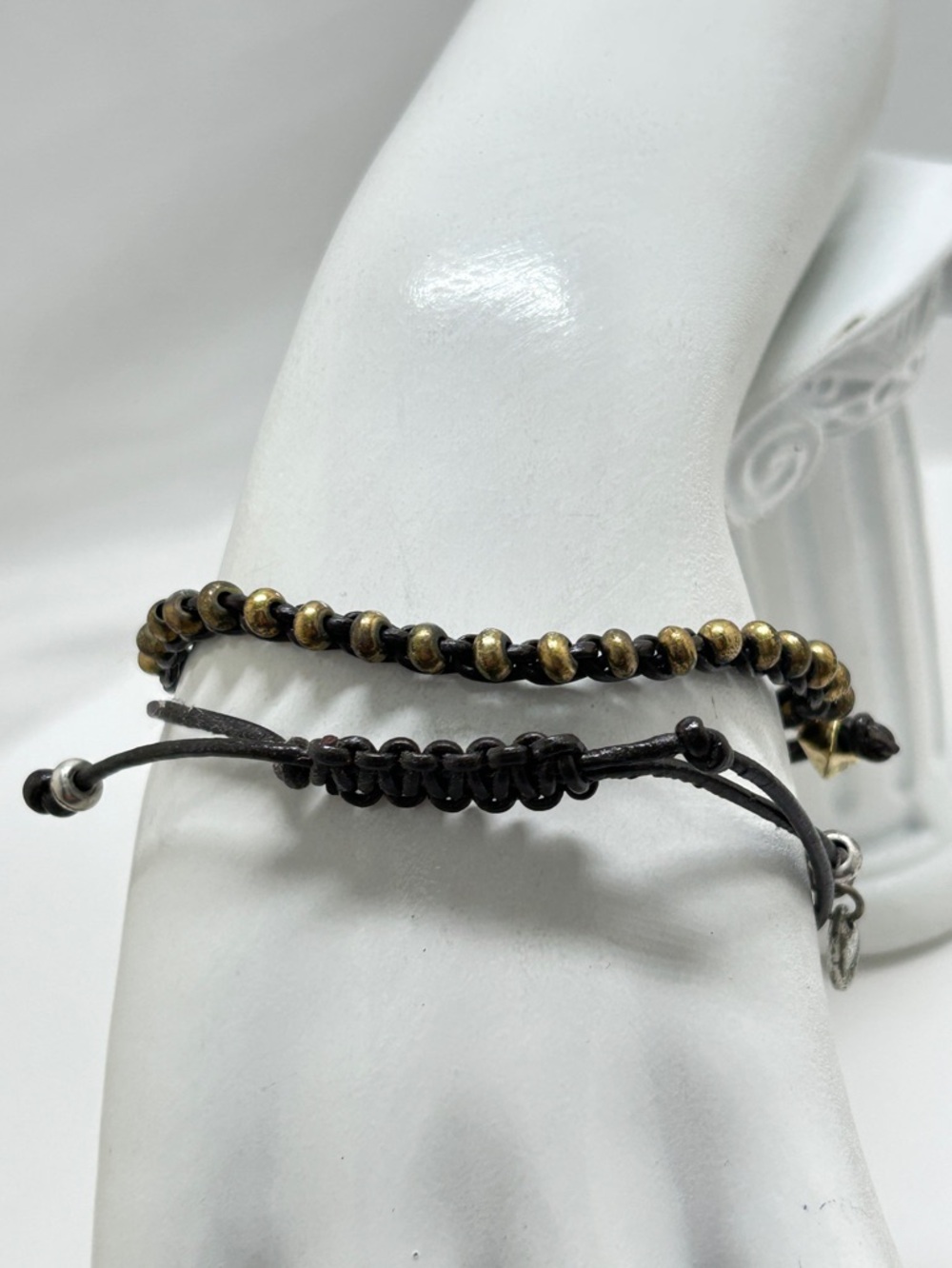 Fossil, 2 Adjustable Bracelets, Black Leather Cording, Silver, Gold, Bohemian